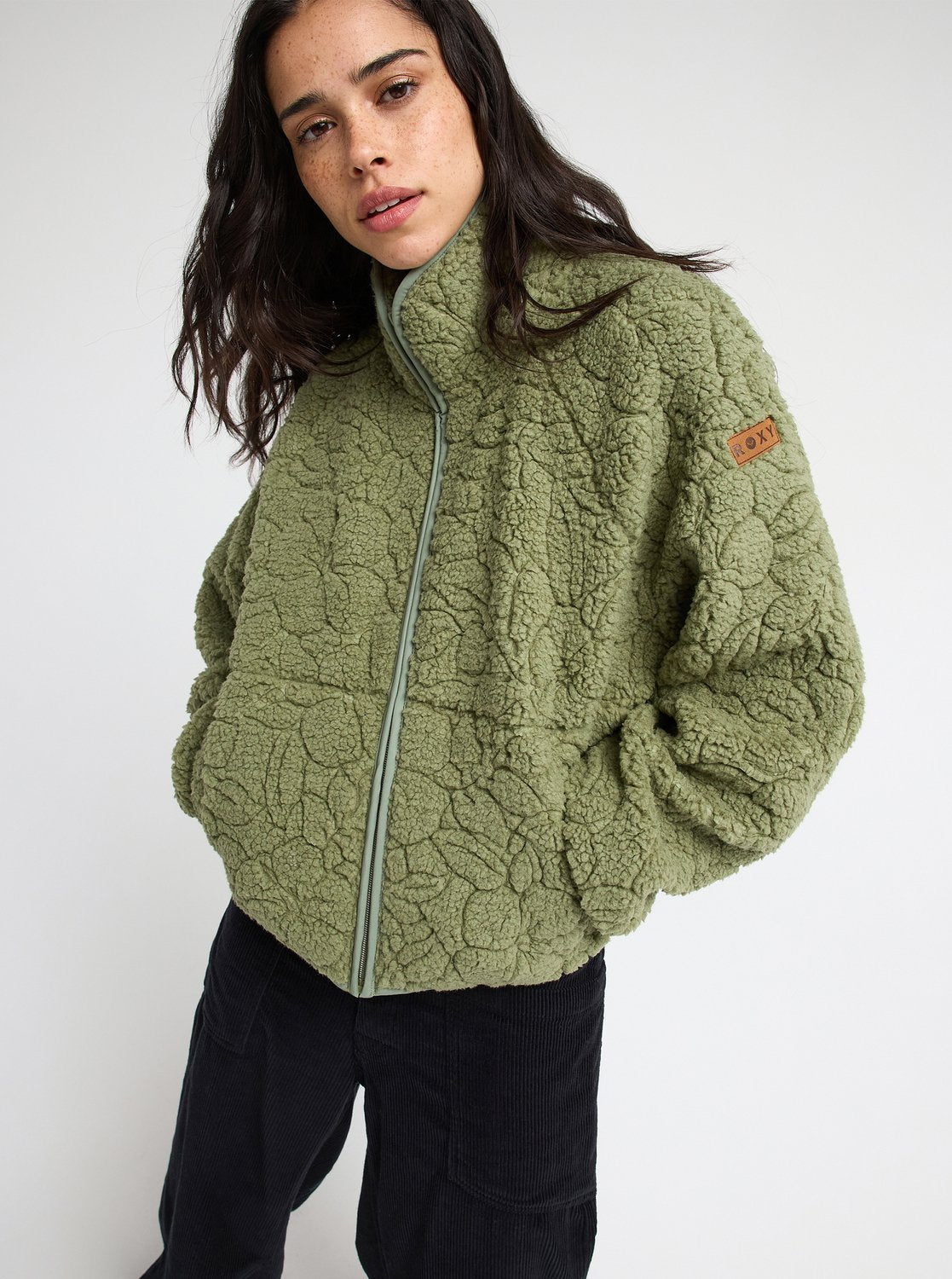 Roxy Blurry Cloud Women Green Full Zip Relaxed Fleece