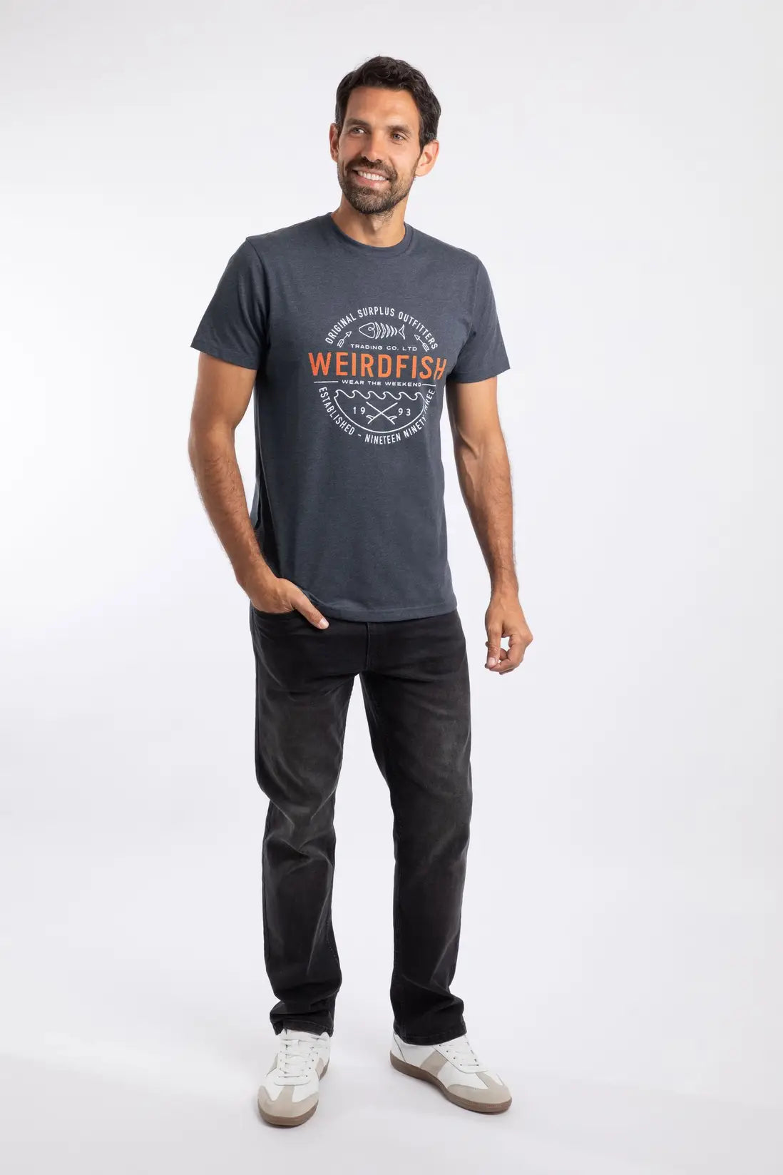 Weird Fish Waves Front Print Graphic T-Shirt - Navy