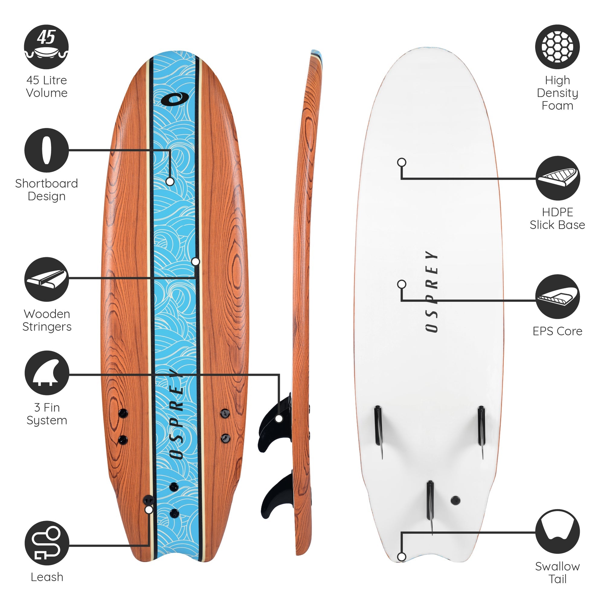 OSPREY 8'2" SOFTBOARD - WOOD