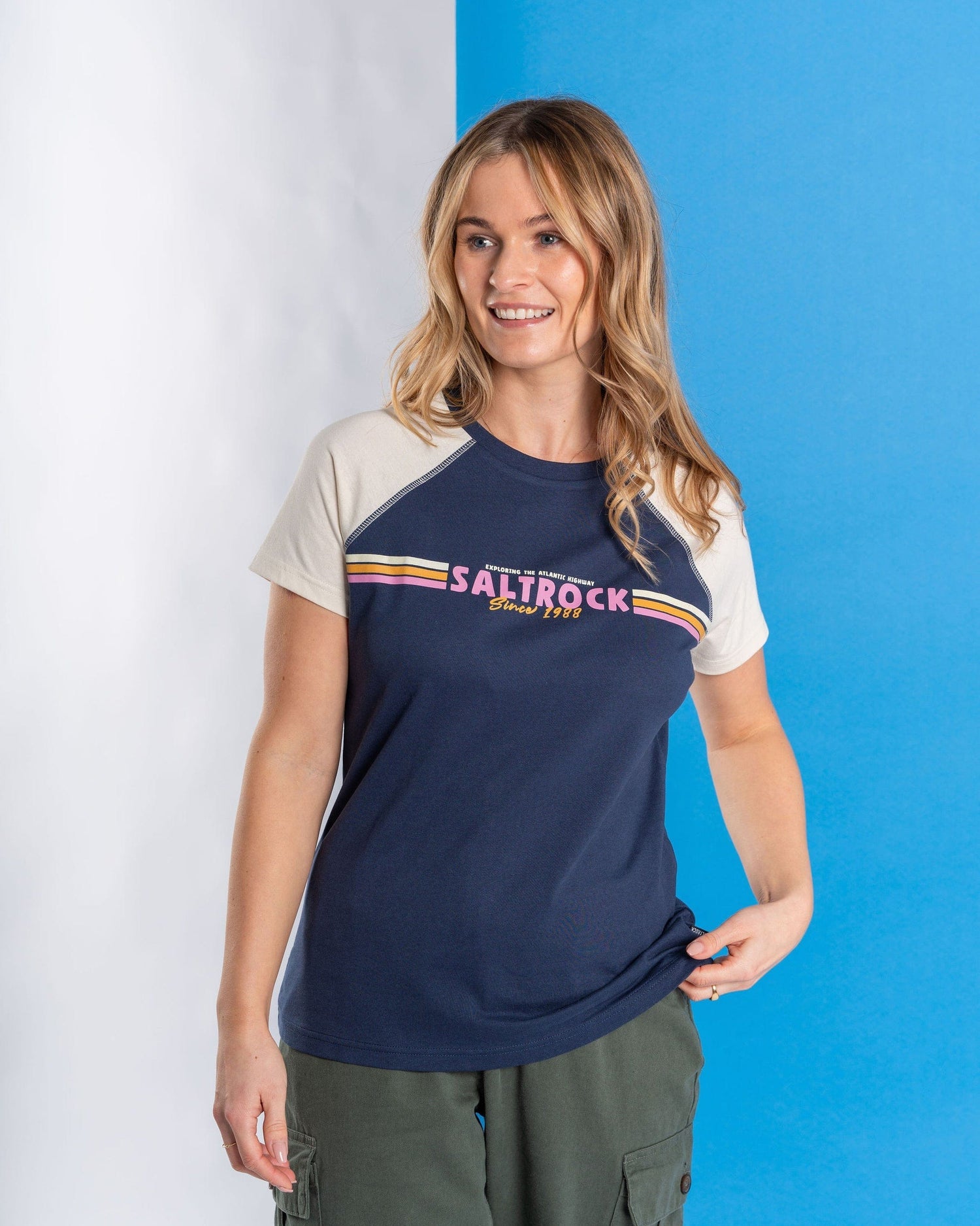 SALTROCK ATLANTIC STRIPE WOMENS RAGLAN SHORT SLEEVE SHIRT - NAVY