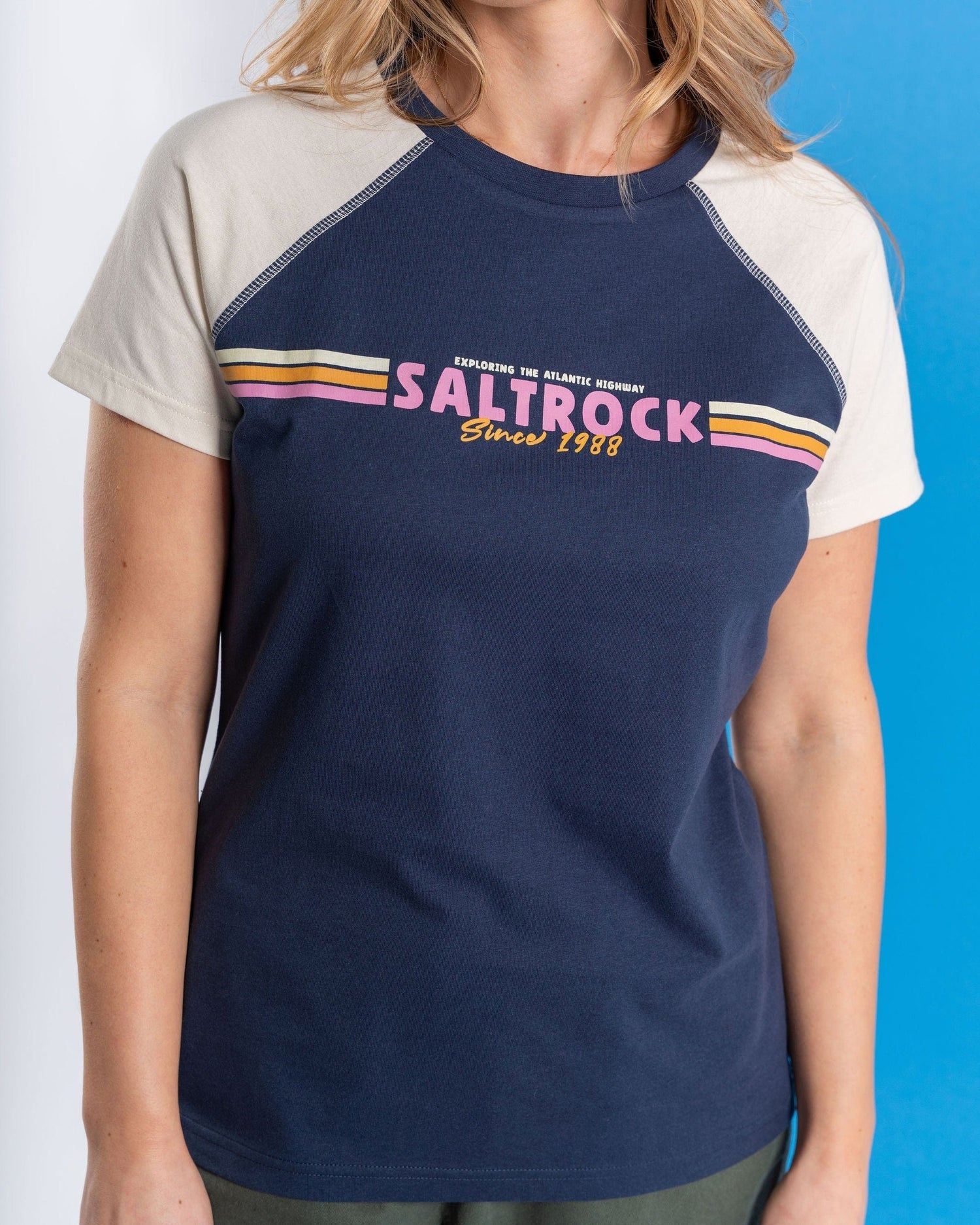 SALTROCK ATLANTIC STRIPE WOMENS RAGLAN SHORT SLEEVE SHIRT - NAVY