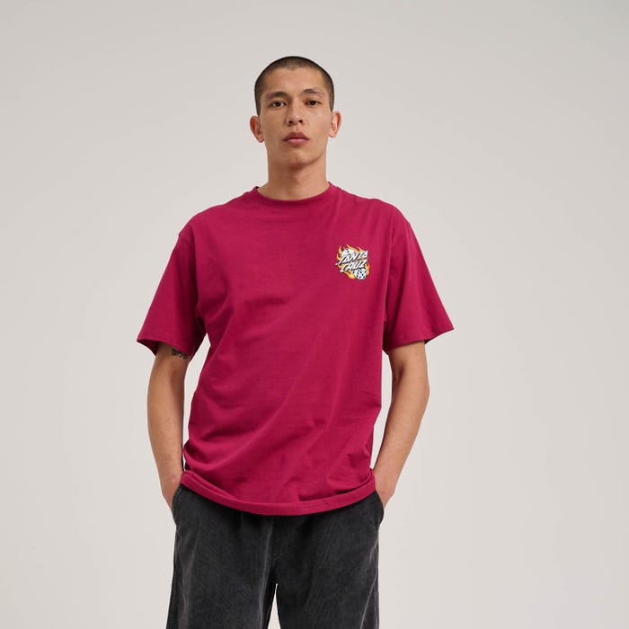 SANTA CRUZ FLAMING DICE DOT CHEST T-SHIRT - BURGUNDY