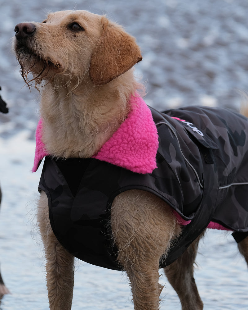 Dryrobe® dog - WATERPROOF DOG COAT - BLACK CAMO / PINK