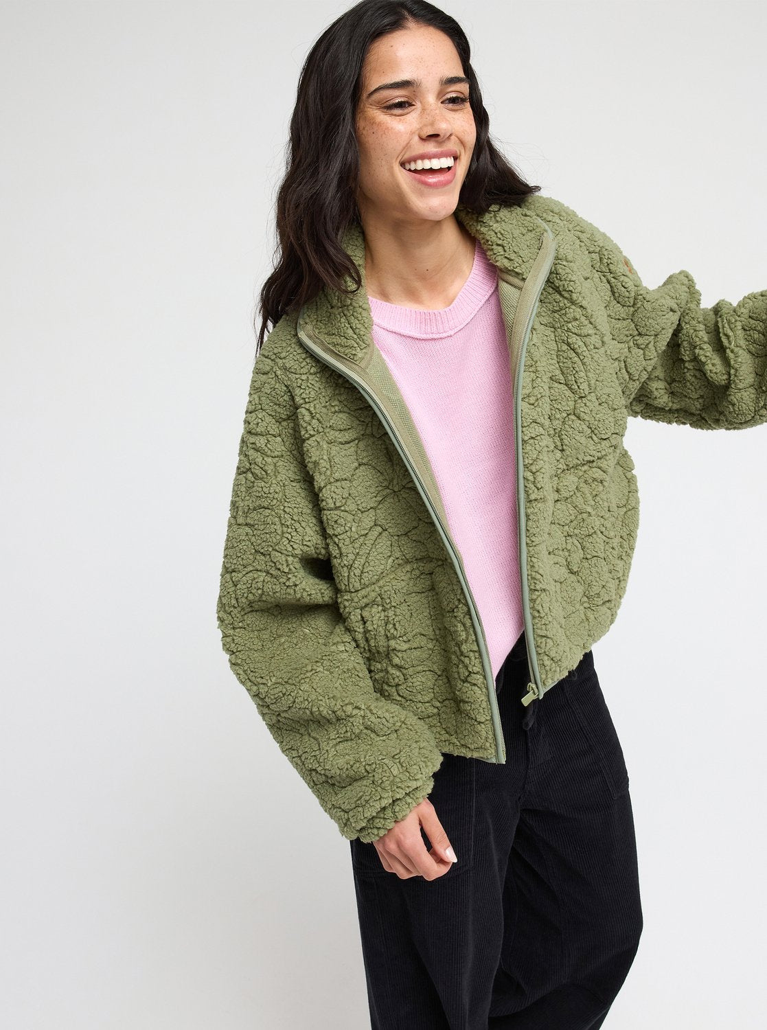 Roxy Blurry Cloud Women Green Full Zip Relaxed Fleece