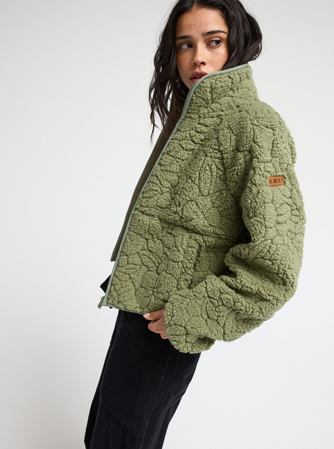 Roxy Blurry Cloud Women Green Full Zip Relaxed Fleece
