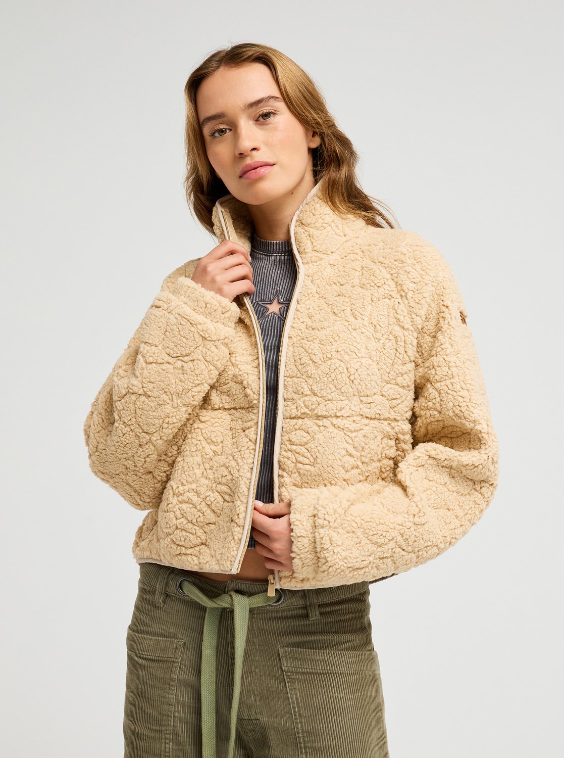 Roxy Blurry Cloud Women Beige Full Zip Relaxed Fleece