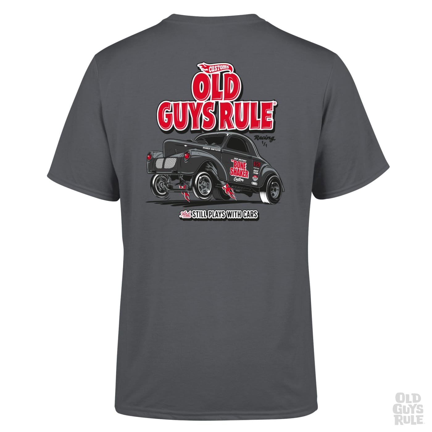 OLD GUYS RULE 'STILL PLAYS WITH CARS' T-SHIRT - CHARCOAL